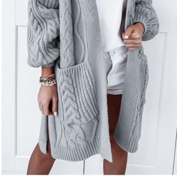 Gray Women's Knitted Woven Pocket Cardigan - Picture 2 of 4